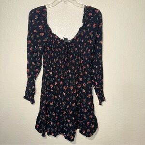 Wild Fable Floral Smocked Dress Womens L Black Puff Sleeve Mini Cottagecore Boho